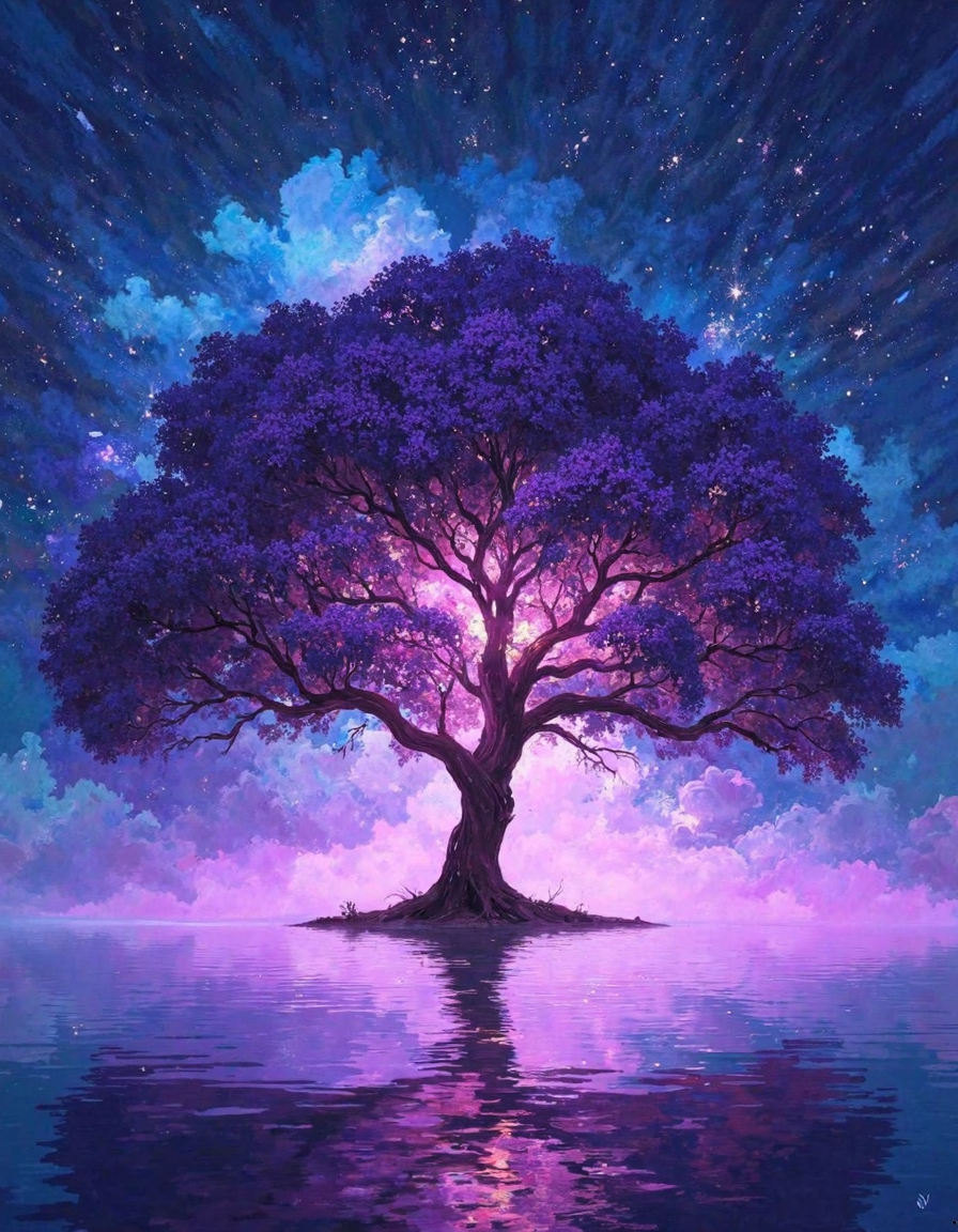 A beautiful tree of life with a purple and blue galaxy sky in the background, reflected on the water at night.