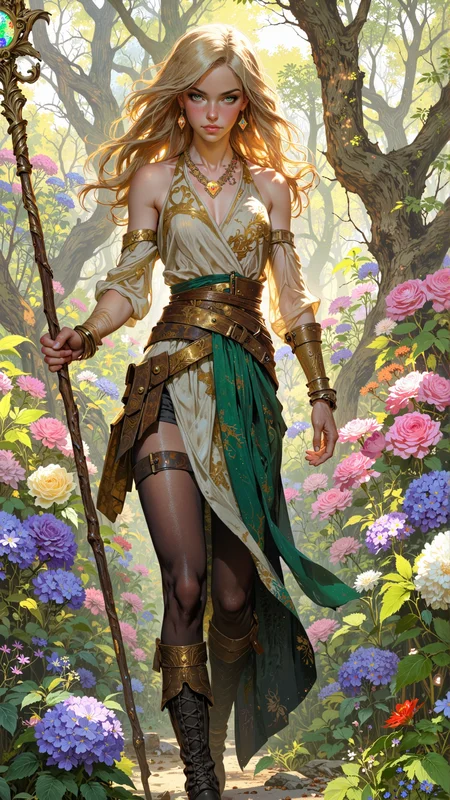 In the heart of a sprawling, enchanted garden, where the air is thick with the scent of blooming flowers and the soft hum of magical energy, a figure moves with the grace of a summer breeze. She is an **Eladrin**, her elven form deeply connected to the Feywild, her skin glowing with a faint, golden hue, as if touched by the eternal light of the sun. Her hair, a cascade of golden waves, falls freely down her back, each strand shimmering with an inner light, as if woven from sunlight itself. Her eyes, a vibrant green, glow with an inner vitality, reflecting the boundless energy of the Feywild. Her face is soft and radiant, with high cheekbones, a delicate jawline, and full lips painted a warm, rosy pink. Her nose, slightly upturned, flares as she inhales the fragrant air, and her ears, long and pointed, twitch at the faintest sounds of the garden.
She is a **Dream Walker**, a mystic who traverses the boundary between reality and dreams, and her presence is both enchanting and ethereal. Her outfit, a blend of flowing fabric and delicate floral accents, is both practical and alluring, designed to allow for maximum mobility while still accentuating her lithe form. Her top, a form-fitting dress made from shimmering silk, clings to her torso, accentuating her curves while leaving her shoulders and midriff bare. The fabric is dyed in shades of gold and green, adorned with intricate patterns of vines and flowers that seem to shift and bloom as if alive. Her arms are wrapped in delicate, translucent sleeves that float around her like wisps of mist, their edges glowing faintly with fey magic. Around her neck hangs a necklace of small, golden flowers, each one containing a fragment of the Feywildâs energy, and a small pouch at her hip holds herbs and potions for her spells.
Her lower body is clad in a skirt of layered silk, each layer dyed in shades of gold and green, allowing for maximum movement while still providing some protection. Beneath the skirt, she wears tight-fitting leggings of a dark, shimmering hue, blending seamlessly with the lush foliage of the garden. Her boots, made of supple leather, are laced up to her knees, the soles soft and silent as she moves through the underbrush. Her hands, delicate yet powerful, grip a staff of polished wood, the top adorned with a glowing crystal that pulses with the energy of dreams.
The scene around her is one of vibrant beauty and magical wonder. The garden is alive with the colors of countless flowers, their petals glowing faintly in the soft light of the Feywild. The air is thick with the scent of blooming roses and the faint hum of magical energy, and the faint sound of rustling leaves whispers secrets of the Feywild. The Eladrin moves with the grace of a dancer, her form blending seamlessly with the lush foliage, her staff glinting in the light as she weaves her magic.
The overall color palette is a blend of deep golds, greens, and pinks, evoking the essence of the Feywild. The light, filtered through the leaves, casts a soft, golden glow over the scene, highlighting the Eladrinâs features and the vibrant beauty of the garden. The atmosphere is one of both enchantment and serenity, a place where the line between reality and dreams blurs, and where the Dream Walker reigns supreme.
This is not just a portrait; it is a glimpse into the heart of an enchanted garden, a testament to the power and grace of the Dream Walker and her connection to the Feywild. It is a scene of epic proportions, where the line between the mortal and the fey blurs, and where the radiant beauty of the Eladrin comes alive in the form of a powerful, enigmatic mystic.
soft pastel anime, Magic style, mythp0rt, DB4RZ