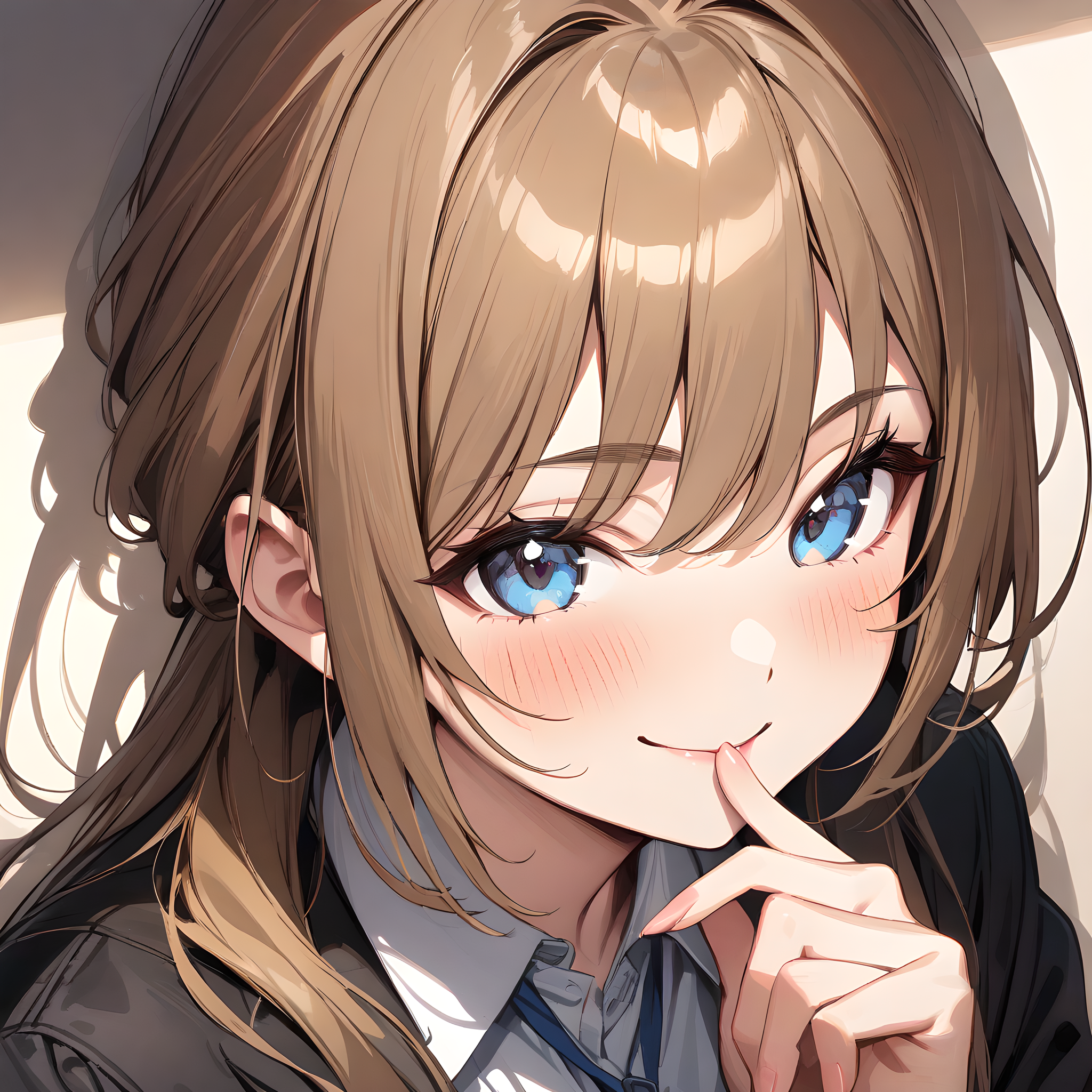(masterpiece),(best quality),(ultra-detailed),(best illustration),(best shadow),(absurdres),(detailed background),(very aesthetic),  himesaki_rinami, 1girl, solo, smile, brown hair, blue eyes, looking at viewer, finger to mouth, long hair, blush, jacket, shirt, bangs, black jacket, portrait, collared shirt, portrait, close up, seductive smile, <lora:XL-HimesakiRinami:1>