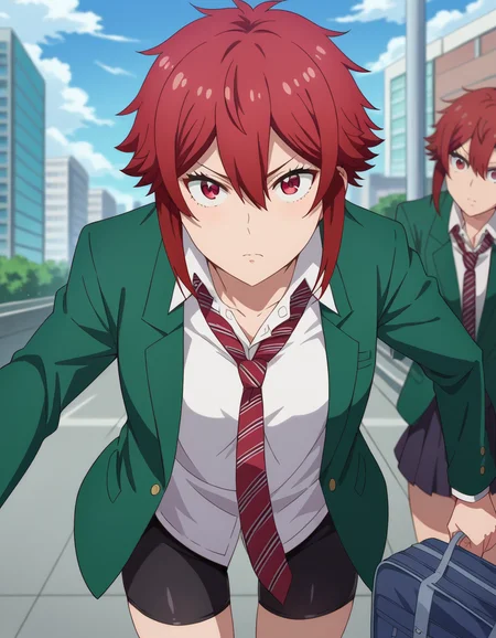 score_9, score_8_up, score_7_up, source_anime,
tomoaizawa, <lora:tomo-aizawa-ponyxl-lora-nochekaiser:1>,
tomo aizawa, short hair, red eyes, hair between eyes, red hair,
skirt, shirt, school uniform, jacket, white shirt, pleated skirt, necktie, striped, black skirt, blazer, red necktie, school bag, green jacket, striped necktie, green blazer, bike shorts,
outdoors, cityscape, bent over,
looking at viewer, dutch angle, cowboy shot,