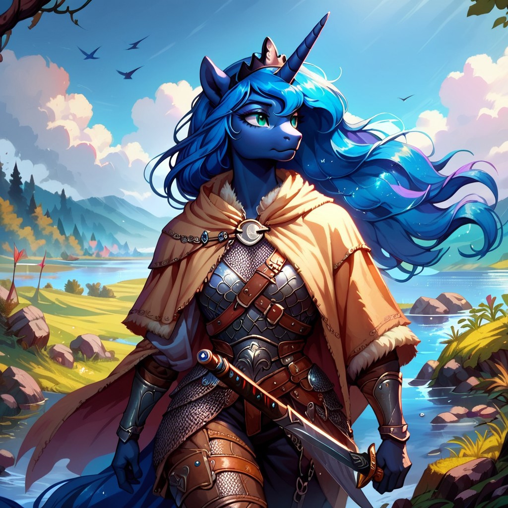 score_9, score_8_up, score_7_up, score_6_up, Princess Luna, anthro pony, female, river, solo, sword, viking armor, chainmail, leather pants, cloak, FFAOR