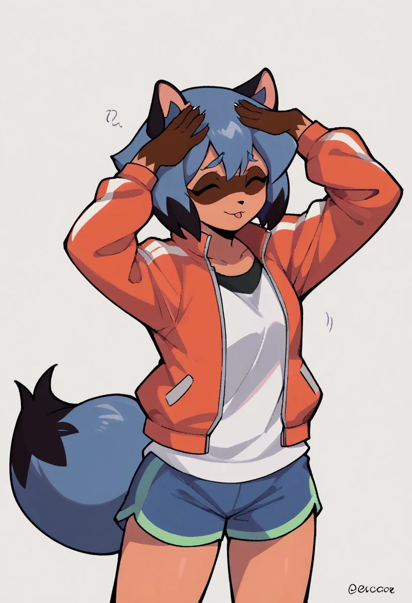 score_9, score_8_up, score_7_up, AhEtoBlehMeme, closed eyes, tongue out, :p, hands on own head, smile, <lora:AhEtoBlehMeme_pdxl_Incrs_v1:1>,
michiru kagemori, short hair, black hair, animal ears, blue hair, multicolored hair, furry, furry female, raccoon ears, body fur, raccoon girl, raccoon tail, tail, shirt, jacket, white shirt, shorts, red jacket, blue shorts, track jacket,
