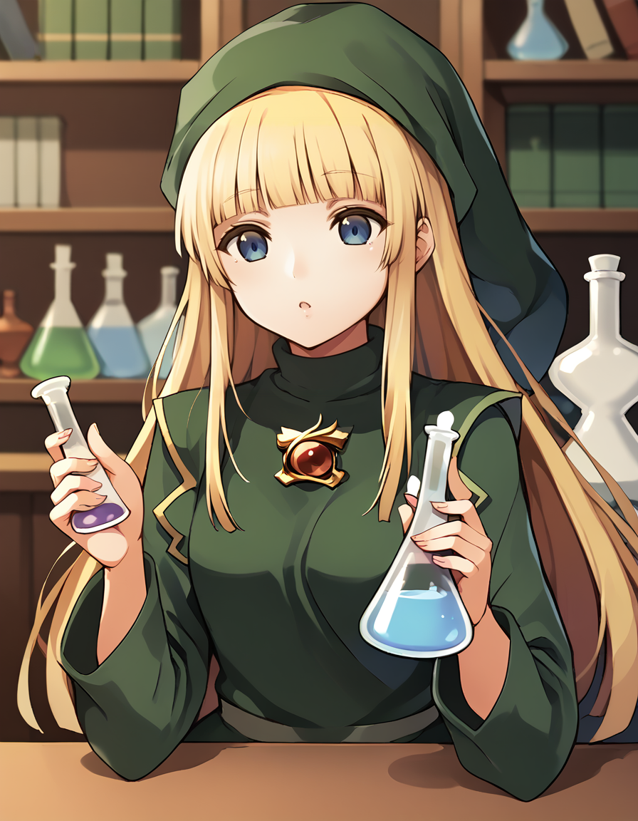 <lora:witchP4_SDXL_pony_fp16_ver10_168:1>,1girls,green dress,green headwear,long sleeves,long skirt,blunt bangs,brooch,upper body, <lora:HairintakesEraser_v10_Pony:1.5>, laboratory,flask,bookshelf,wooden table,, score_9, score_8_up, score_7_up, BREAK source_anime, rating_explicit, best quality, masterpiece, uncensored,<lora:pony_good_hands:1>,good_hands ,[pony diffusion V6 is trained by PurpleSmartAI:100]