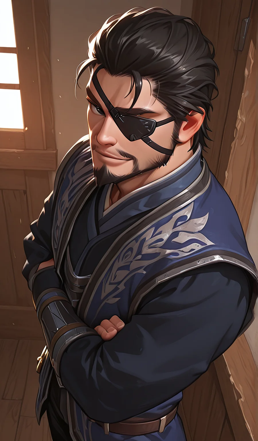 k0n0hanaya, best quality, amazing quality, newest, perfect quality, best quality, highres, great lighting, ExpresHGothicNeonIncase,
1boy, mature male, male focus, solo, detailed body, detailed face, (detailed eyes:1.2),daddy face
XiahouDun, black hair,slicked back hair , black eyes, full beard with goatee, mature muscle male, (eyepatch on left eye:1.2), (looking at viewer:1.2),
from above , seductive smile, dynamic angle, dutch angle, cowboy shot