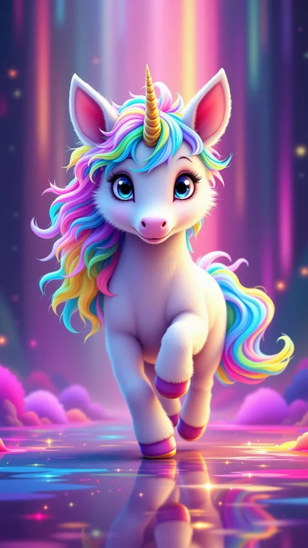 in the style of jedffd, dreamlike fantasy painting, colorful brushstroke textures, surreal chaos, glitchcore accents, fractal flows, vibrant abstract fantasy, Magical baby unicorn with swirling glitch-fractal mane, trotting across a liquid rainbow road, giant sparkly eyes, soft cinematic backlight, ultra-cute mood, <lora:Dreamfract-000007:1>