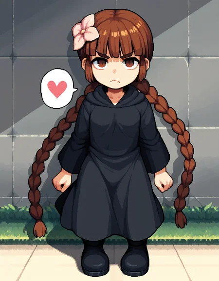 <lora:Grgrkukuri_SDXL_pony_fp16:1>,Grgrkukuri,  blunt bangs,robe, braid, brown eyes, twin braids,brown hair,black robe,boots,hair flower,disgust,spoken heart,pixel art,, score_9, score_8_up, score_7_up, BREAK source_anime, rating_questionable, best quality, masterpiece, uncensored,[pony diffusion V6 is trained by PurpleSmartAI:100]
