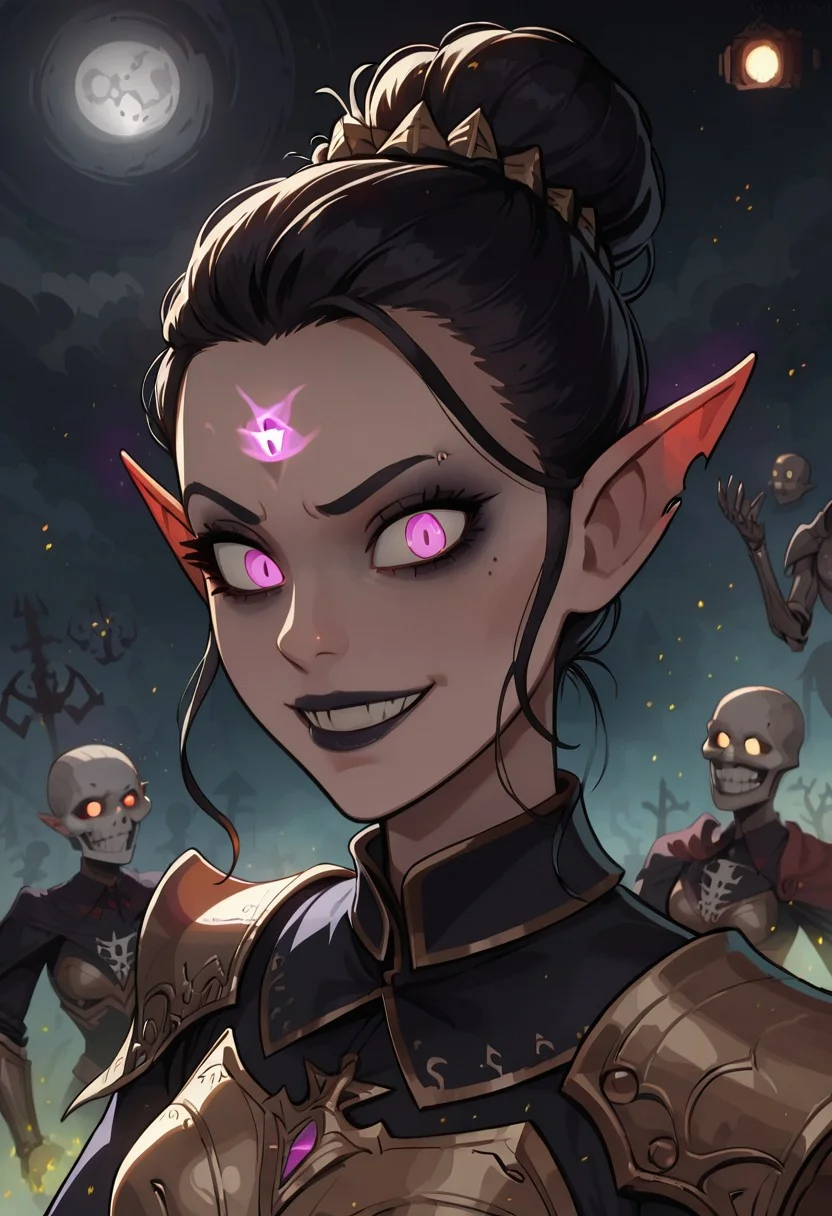 safe_pos, (masterpiece), highest quality, (close up), 1girl, sexy goth elf necromancer, elegant updo hair, perfect detailed eyes, glowing purple eyes, detailed face, slim, small breasts, dark demon armor, smug, (evil grin), (summoning the undead), (casting spell), (dynamic pose), magic particles, glowing particles, outdoors, night, moonlight, sinister graveyard, (magic skulls floating around), (armored skeleton warriors in background), detailed background