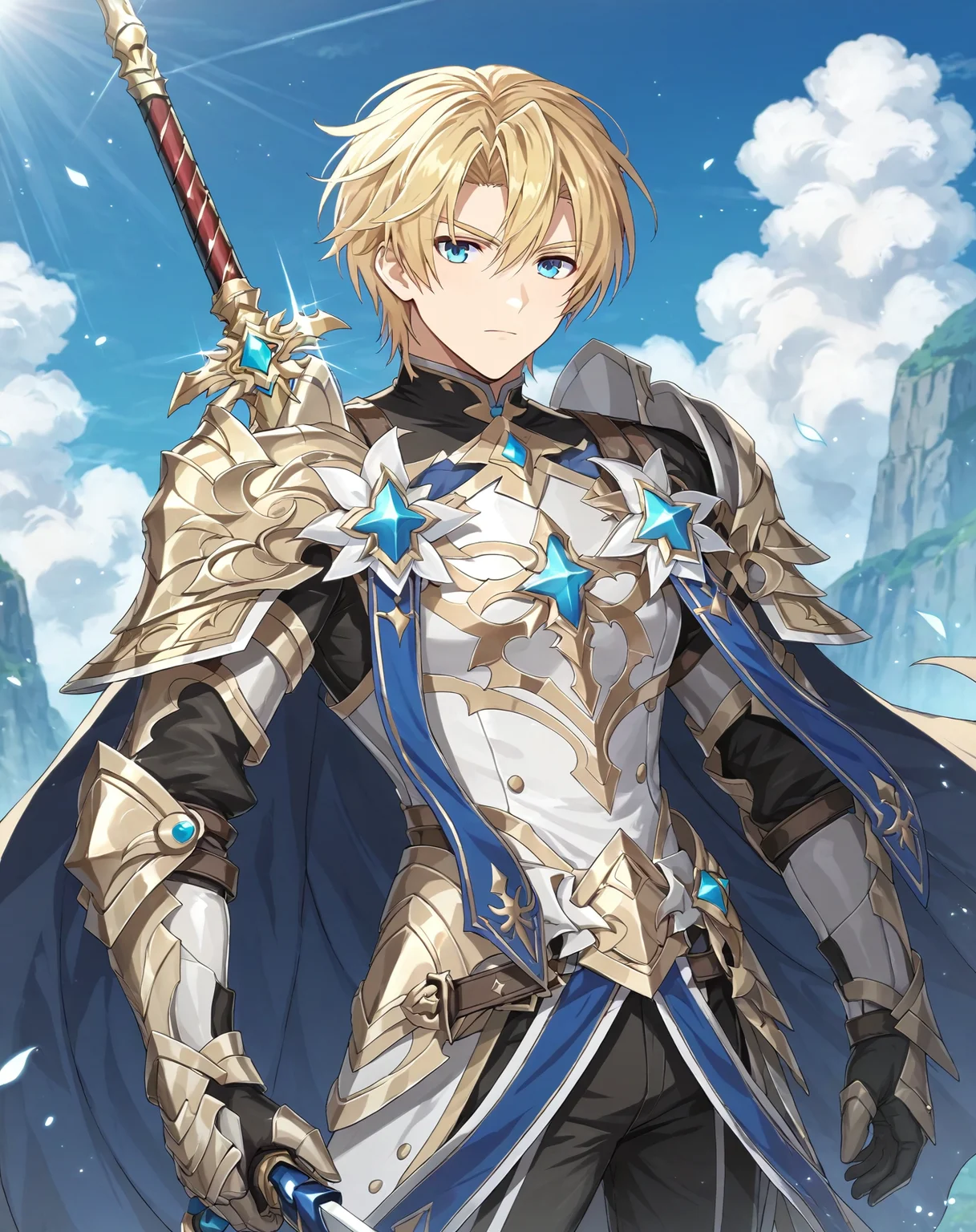 score_9, score_8_up, score_7_up, original style, depth of field, BREAK, rating_safe, 1boy, solo, yaoi, male focus, upper body, mature male, skinny, <lora:brammashell_pony:0.8> brammashell_gc, blonde hair, blue eyes, short hair, hair between eyes, bangs, armor, weapon, cape, boots, gauntlets, armored boots, sword, holding weapon, sheath, shoulder armor, pants, gloves, holding sword, looking at viewer, outdoors, day,<lora:sdxl_lightning_8step_lora:1> <lora:xl_more_art-full_v1:0.3>
