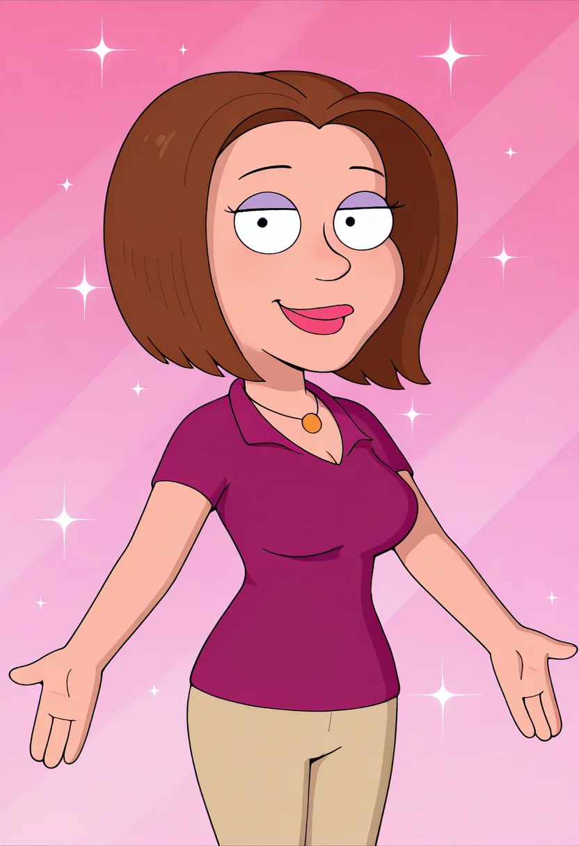masterpiece, best quality, amazing quality, gr3tch3nm, 1girl, brown hair, necklace, purple polo shirt, beige pants, outstretched arms, looking at viewer, smile, cowboy shot, pink background, (colorful sparkles background, light rays:0.9),