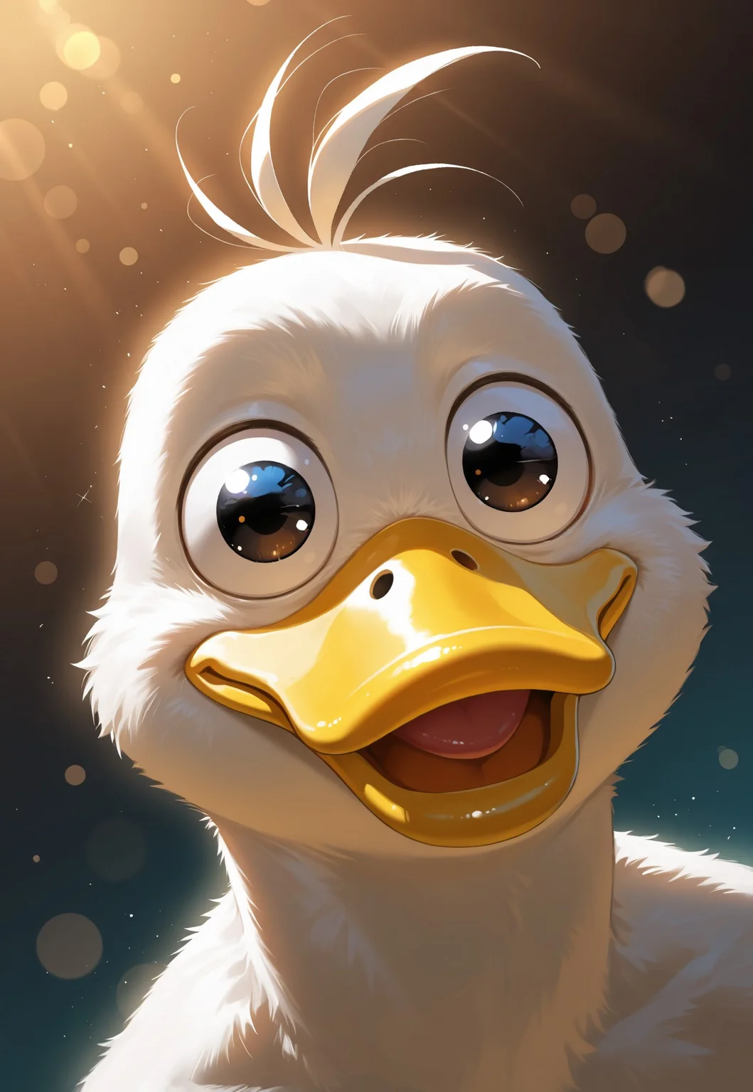 masterpiece, high quality, best quality, very aesthetic, absurdres, extremely detailed, realistic, volumetric lighting, (male focus, gay, male only), dynamic pose, dynamic angle,, 1boy, solo, duckboy, thick bill, portrait, shallow depth of field, bokeh, dutch angle, close-up, looking sideway, huge eyes, ahoge, googly eyes, funny
