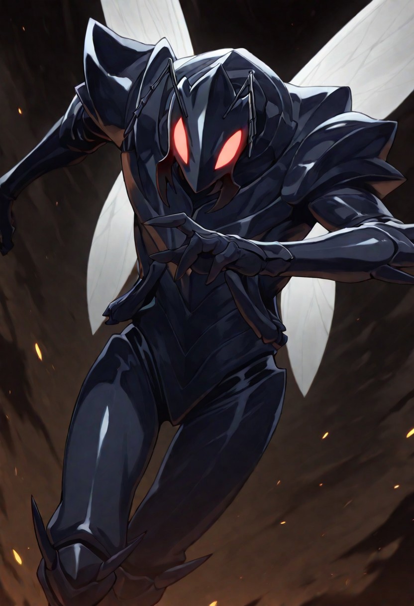 masterpiece, best quality, score_9, score_8_up, score_7_up, score_6_up, score_5_up, score_4_up, source_furry, , male, anthro, Beru, ant, black ant, wings,  at night, dark theme,  (dynamic pose:1),  three quarter view, manga shadding, simple sahdding,  (solo:1), (3 toes:1), sportive figure, (gaster:1.2), white wings, flying, three quarter view, (nice angle:1.4)