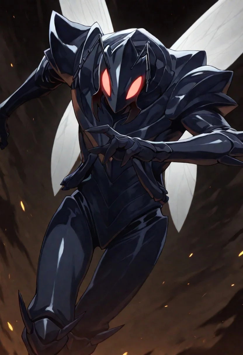 masterpiece, best quality, score_9, score_8_up, score_7_up, score_6_up, score_5_up, score_4_up, source_furry, , male, anthro, Beru, ant, black ant, wings, at night, dark theme, (dynamic pose:1), three quarter view, manga shadding, simple sahdding, (solo:1), (3 toes:1), sportive figure, (gaster:1.2), white wings, flying, three quarter view, (nice angle:1.4)