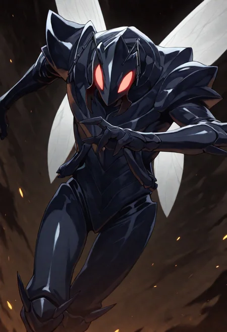 masterpiece, best quality, score_9, score_8_up, score_7_up, score_6_up, score_5_up, score_4_up, source_furry, , male, anthro, Beru, ant, black ant, wings, at night, dark theme, (dynamic pose:1), three quarter view, manga shadding, simple sahdding, (solo:1), (3 toes:1), sportive figure, (gaster:1.2), white wings, flying, three quarter view, (nice angle:1.4)
