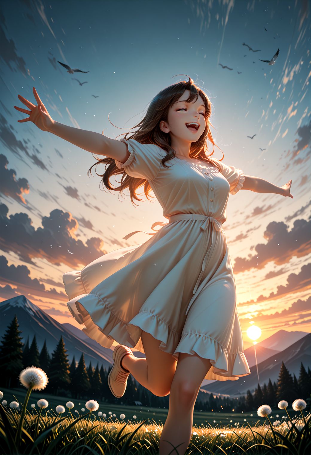 Smooth_Quality, 1girl, solo, long hair, smile, open mouth, brown hair, dress, running, outstretched arms, closed eyes, flower, outdoors, sky, clouds, trees, blurry background, depth of field, birds, white flower, grass, scenery, sunset, mountainous horizon, evening, dandelion,  <lora:Smooth_Lighting_Enhancer:0.2> <lora:Smooth_Booster:0.5>
