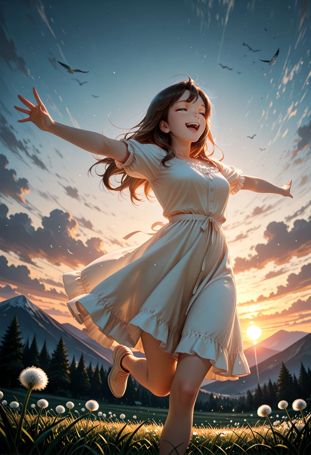 Smooth_Quality, 1girl, solo, long hair, smile, open mouth, brown hair, dress, running, outstretched arms, closed eyes, flower, outdoors, sky, clouds, trees, blurry background, depth of field, birds, white flower, grass, scenery, sunset, mountainous horizon, evening, dandelion, <lora:Smooth_Lighting_Enhancer:0.2> <lora:Smooth_Booster:0.5>