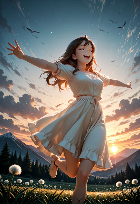 Smooth_Quality, 1girl, solo, long hair, smile, open mouth, brown hair, dress, running, outstretched arms, closed eyes, flower, outdoors, sky, clouds, trees, blurry background, depth of field, birds, white flower, grass, scenery, sunset, mountainous horizon, evening, dandelion, <lora:Smooth_Lighting_Enhancer:0.2> <lora:Smooth_Booster:0.5>