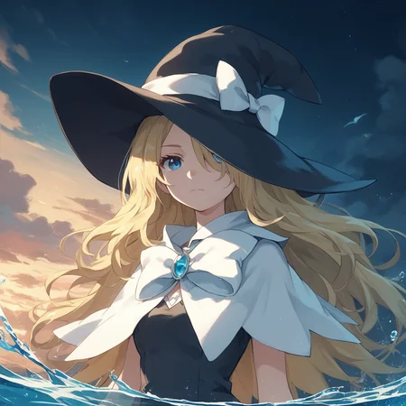score_9, score_8_up, score_7_up, score_6_up, marie-spearhead, toaru, 1girl, hat, blonde hair, solo, witch hat, blue eyes, long hair, hat bow, bow, looking at viewer, hair over one eye, capelet, closed mouth, anime coloring, white bow, upper body, sky, water, night