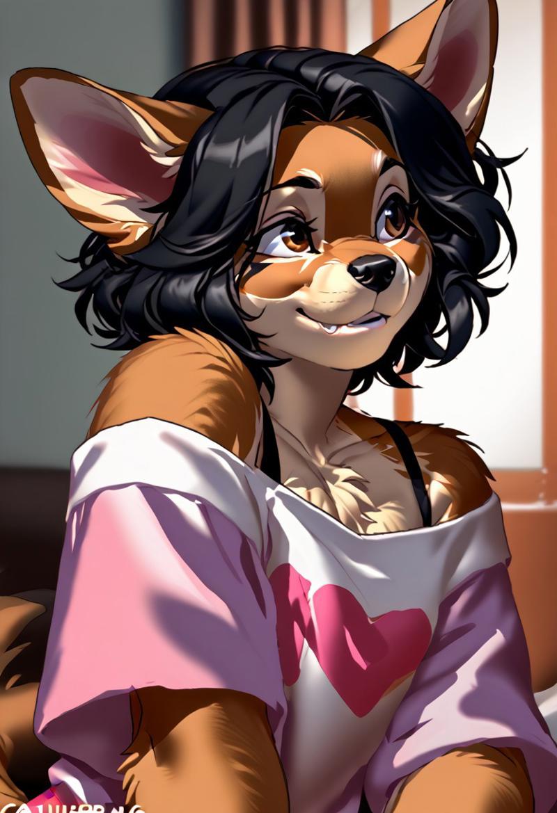 score_9, score_8_up, score_7_up, (by kittydee:1.5), (by jailbird:1.5), (by zummeng:1.5), masterpiece, best quality, 
(Furry Art: Anthro: Chihuahua:1.5), (femboy:1.5), (trap:1.5), (otokonoko:1.5), expressive eyes, feminine eyes, perfect face, feminine face, black hair, brown eyes, pixie cut hair, fluffy fur, multicolored fur, off shoulder shirt,