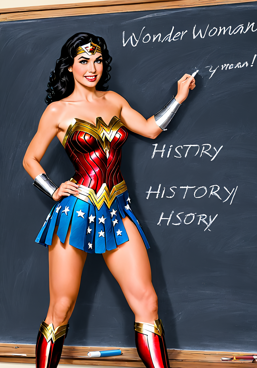 wonder woman writing on blackboard, (text :" history": 1.1), chalk, subteachsdxl, <lora:subteachsdxl:0.9>, best quality, masterpiece