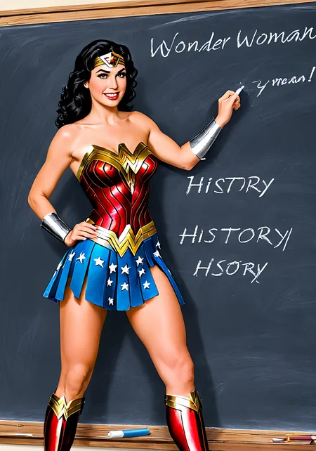 wonder woman writing on blackboard, (text :" history": 1.1), chalk, subteachsdxl, <lora:subteachsdxl:0.9>, best quality, masterpiece