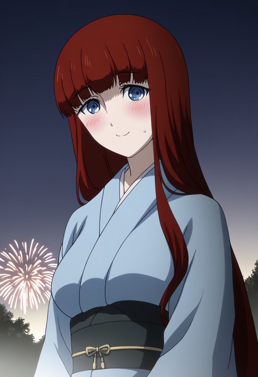 rating_safe, Ultra-high-detailed Anime illustration of Kagari Shiina from Anime Steins;Gate 0. 
The artwork features Kagari in a solo, standing position with a outdoors, flield, and night background. night time. night.
She is depicted with intricate details showcasing her large breasts, natural_breasts. She is a white skinned, 22 years old woman. Kagari is looking_at_viewer with perfect_eyes, Her pupils are highly detailed. The eyes are open. blue eyes. Kagari's eyes are highlighted. Highlighted eyevrows. 
She has long hair, red colored hair, styled in blunt bangs and floating hair.
She is wearing a blue kimono and black shoes. japanese kimono, kimono.
The artistic style is intricate_details_xl with a focus on Anime art. The color palette emphasizes red and black with detailed strokes to bring out the character's features. The lighting creates dramatic shadows and highlights, adding depth to the artwork. The perspective is from a face focus, dutch angle to enhance the impact of the character's expression. This masterpiece is a true portrayal of Kagari's complex personality and will captivate any fan of Kagari. uncensored, upper body, blushing, smile, Kagari Shiina,
perfecteyes,
<lora:Steins_Gate:1>
kimono
happy new year!, Happy New Year fireworks, Happy New Years