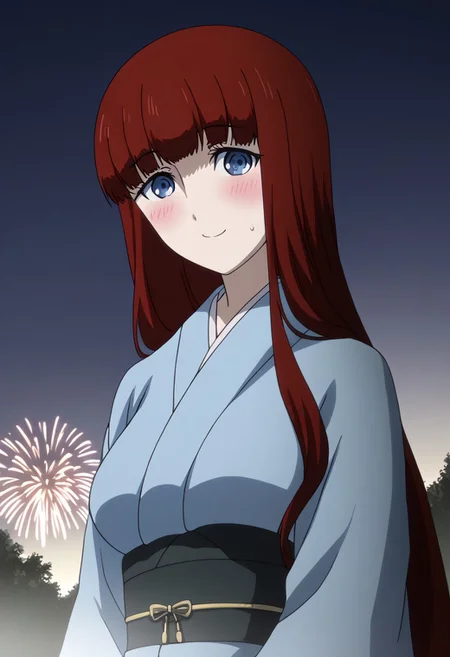 rating_safe, Ultra-high-detailed Anime illustration of Kagari Shiina from Anime Steins;Gate 0.
The artwork features Kagari in a solo, standing position with a outdoors, flield, and night background. night time. night.
She is depicted with intricate details showcasing her large breasts, natural_breasts. She is a white skinned, 22 years old woman. Kagari is looking_at_viewer with perfect_eyes, Her pupils are highly detailed. The eyes are open. blue eyes. Kagari's eyes are highlighted. Highlighted eyevrows.
She has long hair, red colored hair, styled in blunt bangs and floating hair.
She is wearing a blue kimono and black shoes. japanese kimono, kimono.
The artistic style is intricate_details_xl with a focus on Anime art. The color palette emphasizes red and black with detailed strokes to bring out the character's features. The lighting creates dramatic shadows and highlights, adding depth to the artwork. The perspective is from a face focus, dutch angle to enhance the impact of the character's expression. This masterpiece is a true portrayal of Kagari's complex personality and will captivate any fan of Kagari. uncensored, upper body, blushing, smile, Kagari Shiina,
perfecteyes,
<lora:Steins_Gate:1>
kimono
happy new year!, Happy New Year fireworks, Happy New Years