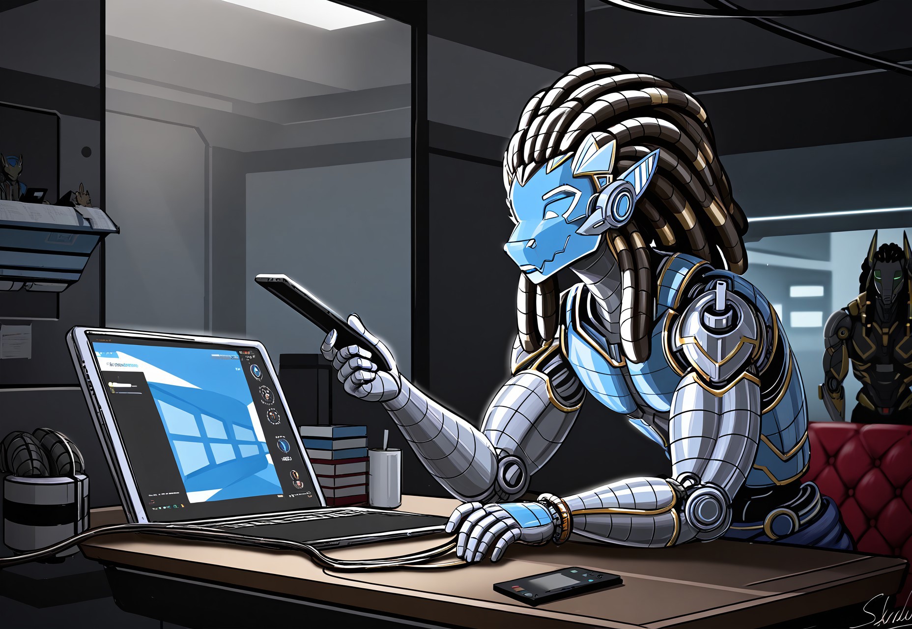 science fiction, cable, mechanical parts, volumetric_lighting, chiaroscuro_lighting, shaders, 1boy, (screen-face animal_ears,, interior,cyborg anthro, gloss, lots of screens, sitting, tablet, computer, typing. metallic dreadlocks, one hand on table
