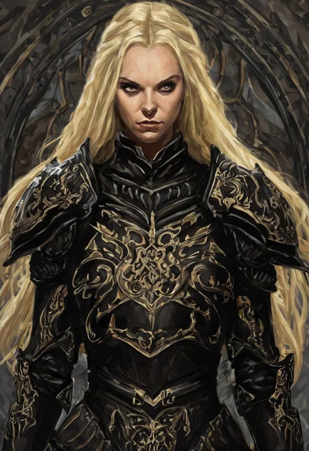 imcc style, 1girl, woman, thirties, fantasy, teutonic knight, severe look, black armor, ornaments, long blond hair,