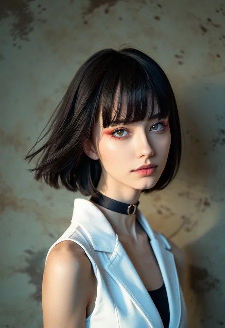 (((score_9), score_8_up), score_7_up), 1girl, 20 year old girl,<lora:Hairstyles:0.8>, face focus, short hair, black hair, short hair, bob cut, long bangs, white vest, bare shouldersm, black choker, looking at viewer, makeup, indirect light, dark back ground, smokey background,sharp, hyperdetailed:1.15   <lora:lighting Slider_alpha1.0_rank4_noxattn_last:-1.8>