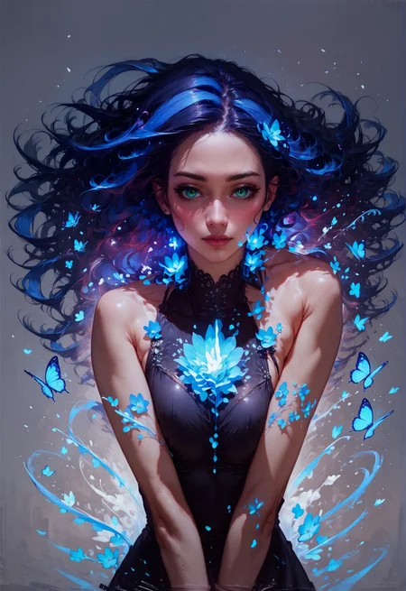 ASCIIscore_9, score_8_up, score_7_up, 1girl, realistic, long hair, wind, galaxy, solo, black dress, floral theme, from front, facing viewer, milky way, blue glow, purple hue  <lora:sdxl\Concept Art Twilight Style SDXL_LoRA_Pony Diffusion V6 XL:0.8>, concept art, <lora:sdxl\Expressive_H-000001:0.8>, expressiveH <lora:sdxl\pony_vixon_galaxy:0.7>, g4l4xy <lora:sdxl\sinfully_stylish_SDXL>