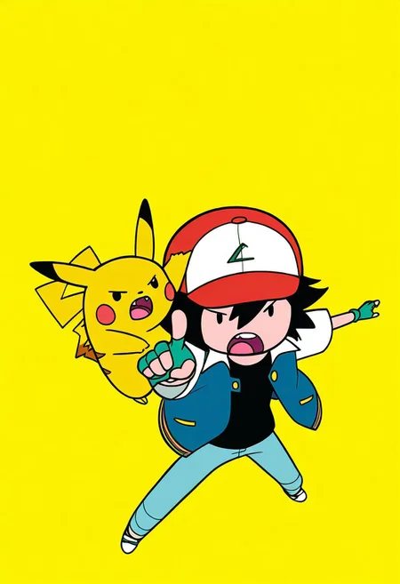 adventure time, dot eyes,
ashpk, 1boy, male focus, solo, black eyes, black hair, hair between eyes, hat, baseball cap, shirt, black shirt, multicolored clothes, multicolored jacket, jacket, blue jacket, white jacket, open jacket, open clothes, short sleeves, pokemon (creature), pikachu, pikachu (pokemon), wide stance, pointing, angry, open mouth, perspective, gloves, green gloves, fingerless gloves,
from above, masterpiece,best quality,amazing quality,very aesthetic,absurdres,newest,huge filesize,