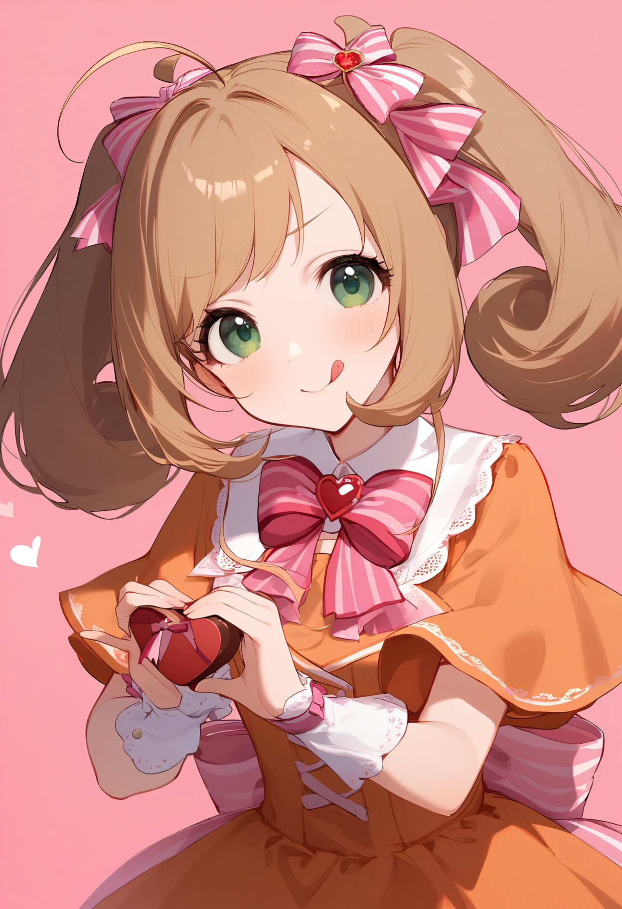 1girl,
sato shin,


solo, blush, looking at viewer, yellow footwear, orange dress, swept bangs, smile, heart hands, heart-shaped chocolate, chocolate, tongue, white socks, blonde hair, pink bow, twintails, bow, :q, happy valentine, dress, socks, long hair, candy, green eyes, food, pink background, closed mouth, ahoge, simple background, tongue out, hair bow, heart, valentine,

sfw
<lora:a31_char_new_sato_shin-000016:1> <lora:a31_style_koni-000010:0.8>