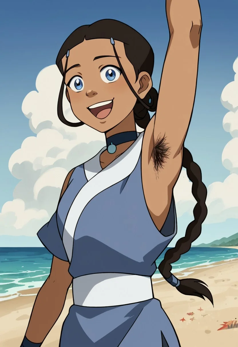 score_9, score_8_up, score_7_up, source_anime, <lora:katara-book2-ponyxl-lora-nochekaiser:1>, katara, long hair, blue eyes, brown hair, black hair, hair ornament, hairclip, braid, single braid, braided ponytail, dark skin, dark-skinned female, choker, sleeveless, loose robe, blue robe, beach, solo, arm raised, waiving, happy, excited, hairy armpit
