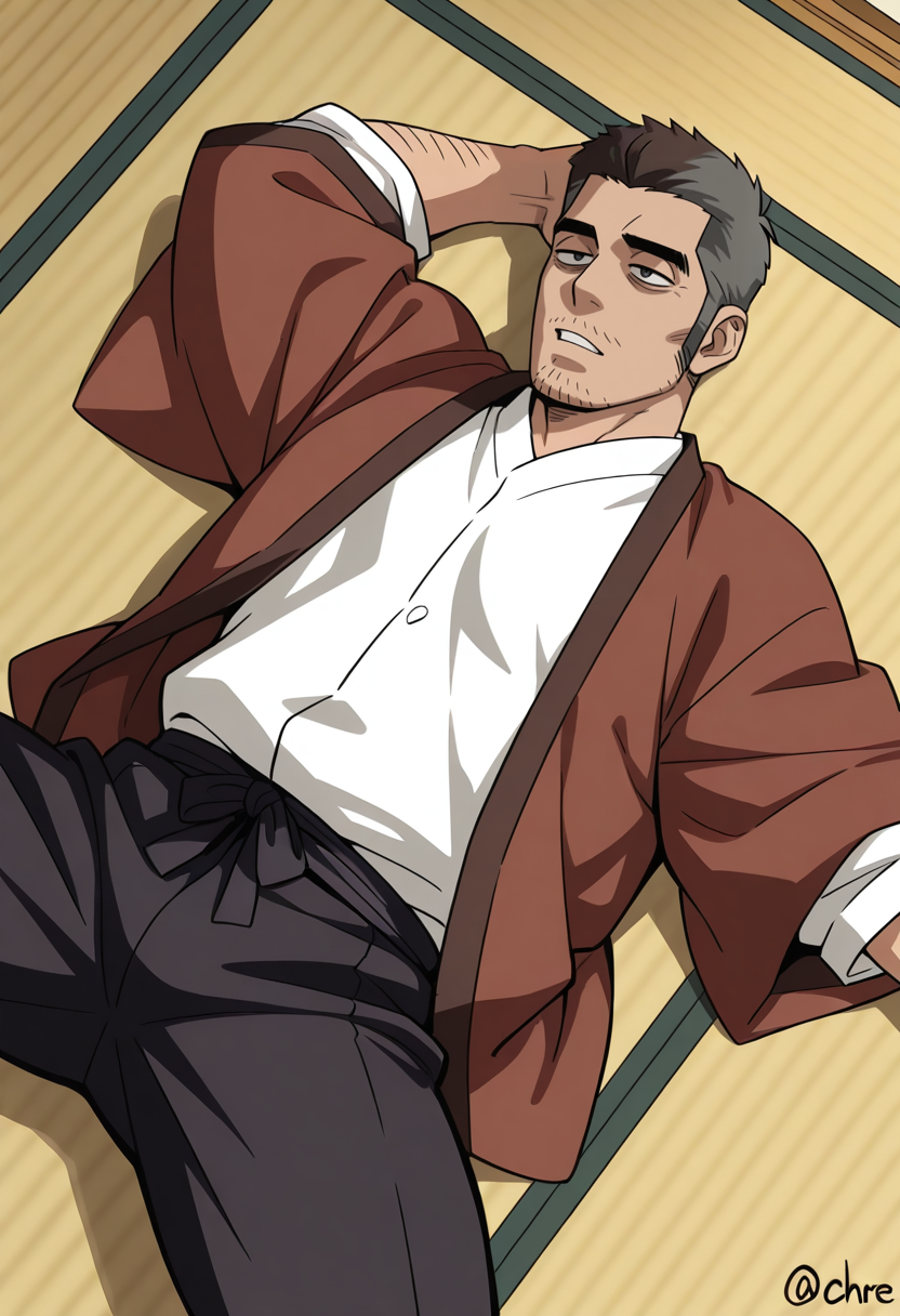 score_9, score_8_up, score_7_up, score_6_up, perfect anatomy, perfect proportions, best quality, masterpiece, high_resolution, high quality, highres, bara, 1boy, solo focus, solo, mature, masculine, manly, hunk, virile, handsome, charming, alluring, source_anime, anime coloringupper body, dutch angle, cowboy shot, view from above, BREAK GKToshiyuki, two-tone hair, black/grey hair, short hair, black eyes, thick eyebrows, bags under eyes, long sideburns, facial hair, stubble, Toshiyuki_outfit04, white shirt, tunic collar shirt, (ochre Hanten Haori with brown trim, closed Haori , ochre japanese clothing, wide sleeves:1.4), black pants, grey socks, lying on floor, lying on back, spread legs, indoors, tatami, sliding shoji doors