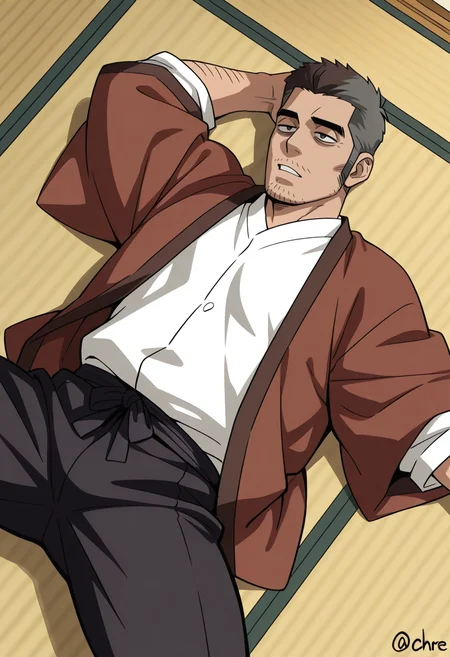 score_9, score_8_up, score_7_up, score_6_up, perfect anatomy, perfect proportions, best quality, masterpiece, high_resolution, high quality, highres, bara, 1boy, solo focus, solo, mature, masculine, manly, hunk, virile, handsome, charming, alluring, source_anime, anime coloringupper body, dutch angle, cowboy shot, view from above, BREAK GKToshiyuki, two-tone hair, black/grey hair, short hair, black eyes, thick eyebrows, bags under eyes, long sideburns, facial hair, stubble, Toshiyuki_outfit04, white shirt, tunic collar shirt, (ochre Hanten Haori with brown trim, closed Haori , ochre japanese clothing, wide sleeves:1.4), black pants, grey socks, lying on floor, lying on back, spread legs, indoors, tatami, sliding shoji doors