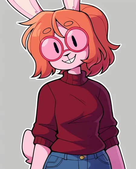 score_9_up, score_8_up, score_7_up, score_6_up, by remanedur, half-length portrait, round glasses, orange hair, medium breasts, bunny, black eyes, dot eyes, rabbit ears, pink skin, female, short hair, ponytail, pink fur, red sweater, jean shorts, rabbit tail, looking at viewer, solo, smile, happy, three-quarter view, head tilt, tail, simple background, white outline, <lora:Leah_Pines(AIM)_XL_v1:0.15> <lora:PDXL_artist_tags_v2_big:0.5> <lora:The-Minuscule-Task_PDXL_v1.0:0.6> <lora:PyannyPatricia_Yancy_ByuniBunn:0.75>
