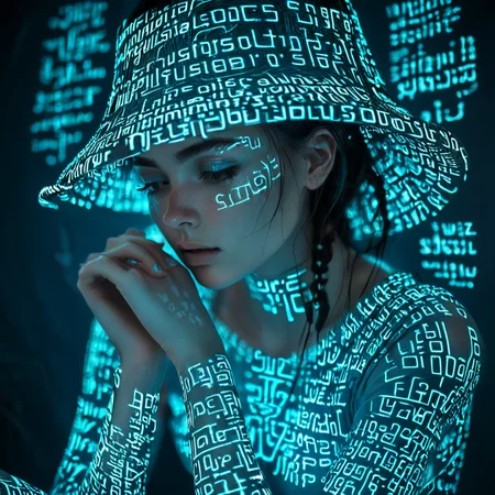 This is a highly stylized, digital illustration featuring a young woman with a serene, contemplative expression. She is depicted in a futuristic, neon-lit environment, with her face and body covered in glowing, ethereal ancient  text and symbols in a cool blue hue, creating an otherworldly, cyberpunk aesthetic. The text is in a futuristic, minimalist font, adding a futuristic and technological feel to her appearance.
 <lora:glowing_letters_xl:0.8>