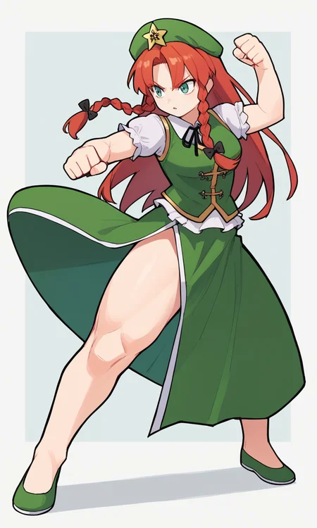 score_9, score_8_up, score_8, score_9, 1 girl, 1 boy, solo, source_anime, <lora:hong_meiling_pony-10:1>, hong meiling, beret, green vest, short sleeves, red hair, star hat ornament, twin braids, long skirt, thighs, <lora:Eiken3kyuboy_Artist_Style_ponyXL-000018:0.8>, dynamic pose, fighting stance