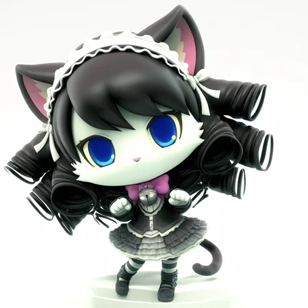 masterpiece, best qualify, zzcyanmyuumon, 1girl, animal ears, cat ears, blue eyes, tail, black hair, cat tail, solo, cat girl, furry, furry female, gothic, fashion, drill hair, chibi, long hair, cat, striped, smile, looking at viewer, parody, hairband, bell, white background, curly hair,