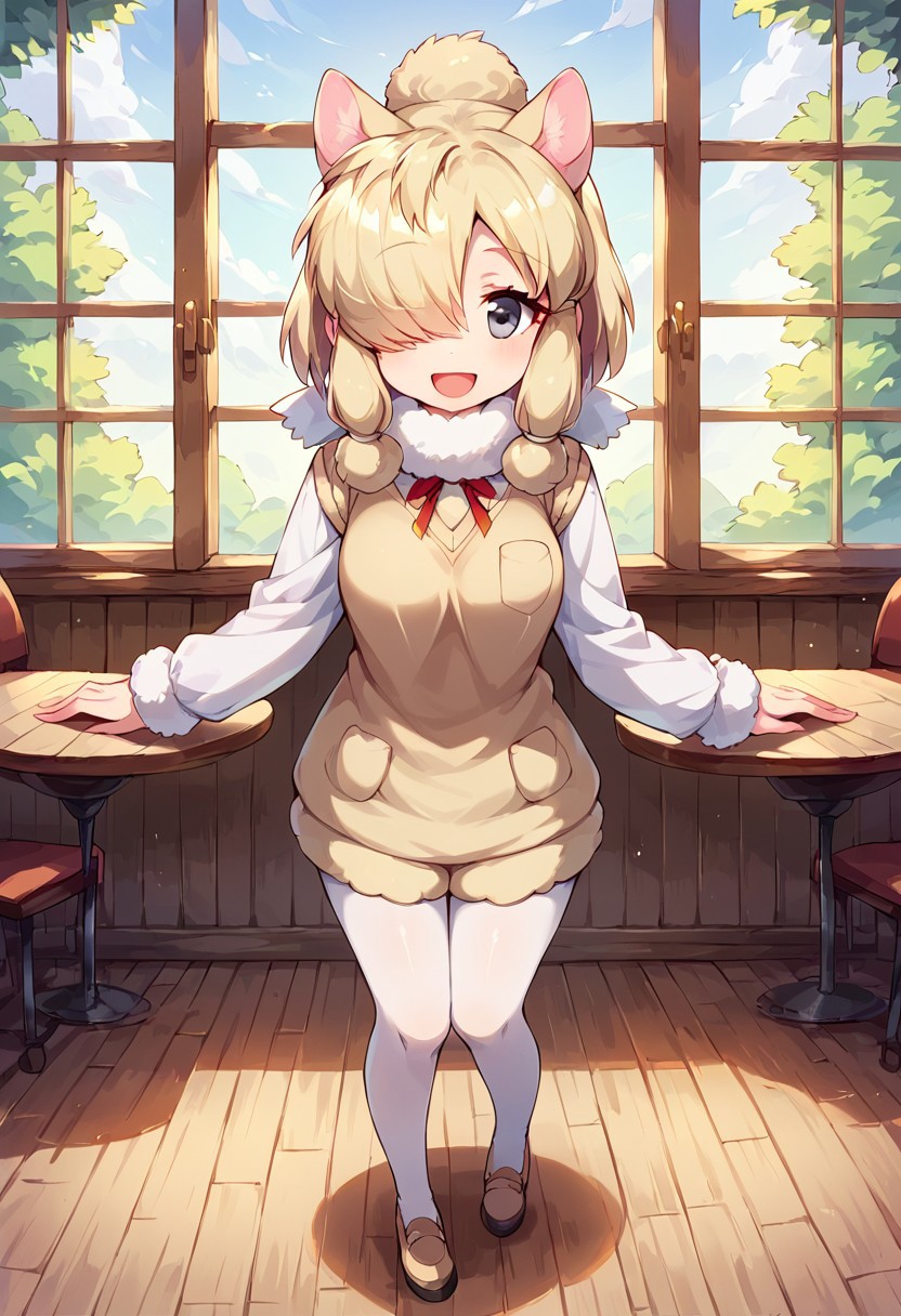 1girl, ((solo)), best quality, ultra-detailed, extremely detailed, perfect anatomy, masterpiece, score_9, score_8_up, score_7_up, Expressiveh, alpaca suri (kemono friends), alpaca ears, hair over one eye, bangs, blonde hair, grey eyes, sidelocks, hair tubes, hair bun, tail, short hair, horizontal pupils, fur scarf, white pantyhose, long sleeves, fur collar, fur trim, neck ribbon, white shirt, sweater vest, shorts, pantyhose, breast pocket, fur-trimmed sleeves, shoes, standing, open mouth smile, smile, cute, full body, cafe background, in a cafe, indoors, window with light, countertop, tables, chairs, happy, looking at viewer, standing,