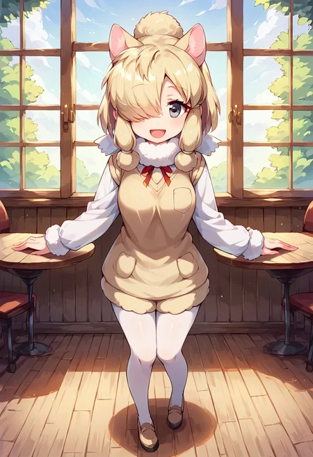 1girl, ((solo)), best quality, ultra-detailed, extremely detailed, perfect anatomy, masterpiece, score_9, score_8_up, score_7_up, Expressiveh, alpaca suri (kemono friends), alpaca ears, hair over one eye, bangs, blonde hair, grey eyes, sidelocks, hair tubes, hair bun, tail, short hair, horizontal pupils, fur scarf, white pantyhose, long sleeves, fur collar, fur trim, neck ribbon, white shirt, sweater vest, shorts, pantyhose, breast pocket, fur-trimmed sleeves, shoes, standing, open mouth smile, smile, cute, full body, cafe background, in a cafe, indoors, window with light, countertop, tables, chairs, happy, looking at viewer, standing,