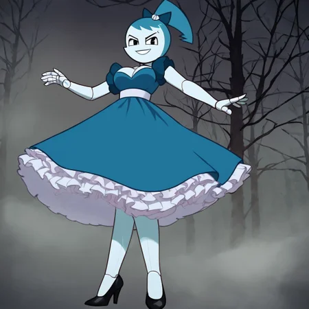 (Masterpiece, best quality:1.2), score_9, score_8_up, flat color, flat shading, soft shading, lighting, Jenny Wakeman as an adult, (((in a 1950's full length formal dark blue dress, a white belt, a fluffy frilly ruffled full white petticoat, and black high heels))), dress, layered petticoat, frilly petticoat, fluffy petticoat, full petticoat, detailed petticoat, wide skirt, detailed outfit, flowing skirt, (((long skirt))), (((solid dark blue colored dress, black high heels))), blue hair, series accurate, cute, best high quality, high res, robot, humanoid robot, (((big breasts, cleavage))), whole body shot, 1girl, (((solo, outside, in a dark creepy forest, at night, heavy fog surrounding her, fog, heavy fog, looking at you, low angle))), (((evil, evil smile, determined evil eyes, posing gracefully and evilly))), low angle shot, cartoon, cartoon style, vector, solo, circle dress, 1950s, dance dress jenny, jenny wakeman, 1girl, solo, robot joints, black eyes, white skin, ponytail, hair bow, blue rose chest corsage, poofy dress, blue hair, flat lighting,