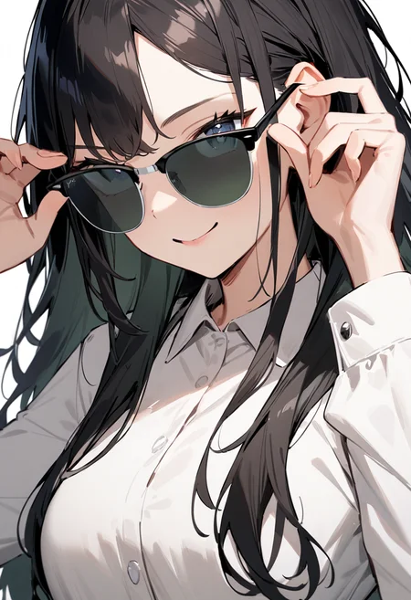 masterpiece, best quality, very aesthetic, absurdres,
1girl, solo, black hair, long hair,
sirmont, sunglasses, darkgreen-tinted eyewear, black-framed eyewear, grey-framed eyewear, two-tone eyewear,
collared shirt, smile, looking at viewer, adjusting eyewear, white background, simple background,
<lora:sunglasses_CLUBMASTER_SDXL_V1:1>