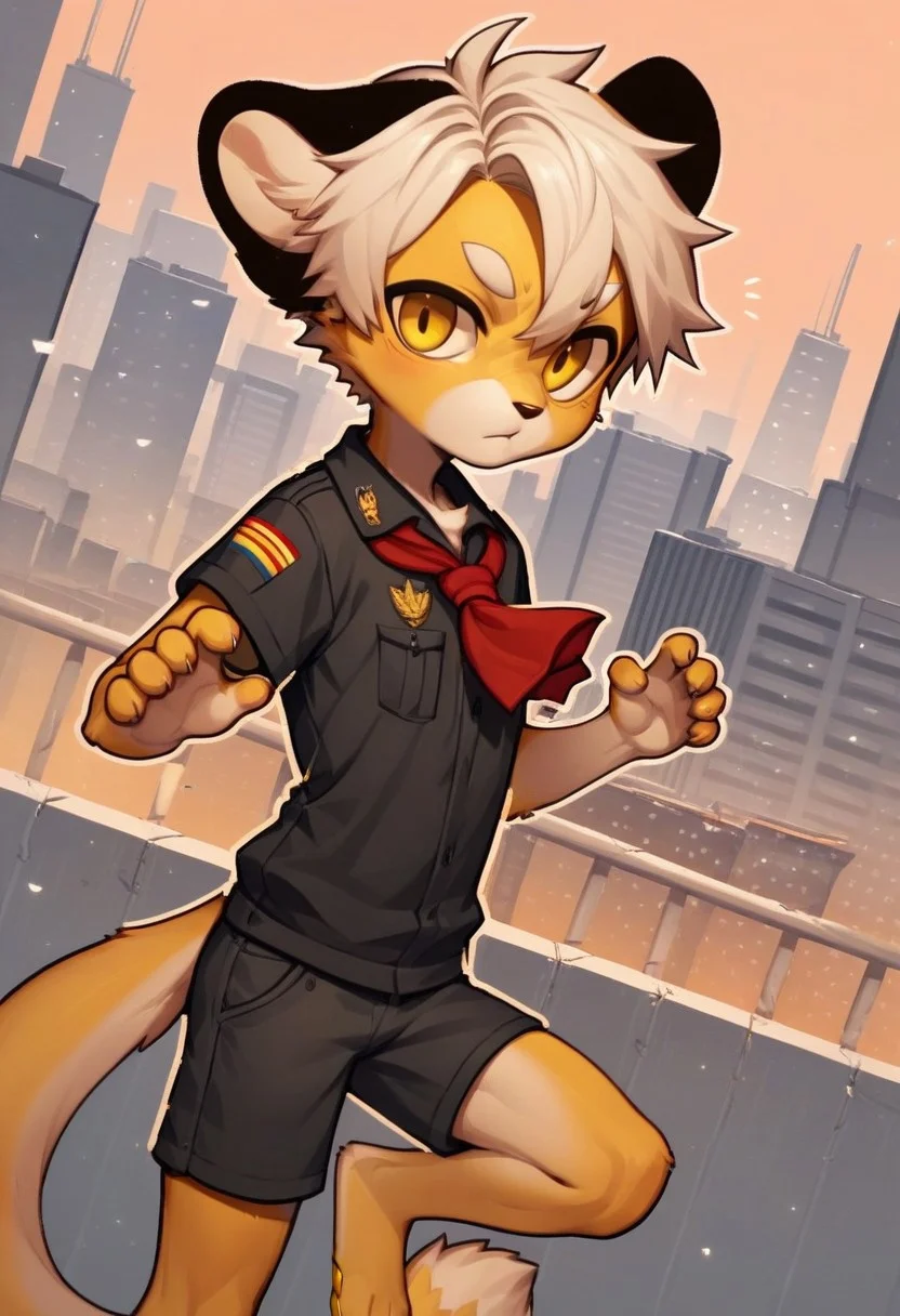 solo, furry, anthro, mikus, 1boy, solo, paws, boy, petite boy, slim boy, small boy, (white hair, dark yellow eyes, yellow fur, dotted eyebrows, small eyebrows, white eyebrows, white fur, yellow paws, tail tip black, black ears), Soviet schoolgirl uniform, frilled apron, red neckerchief, score_8_up, score_7_up, score_6_up, score_5_up, score_4_up, outdoors, cityscape, dutch angle, random pose, spontaneous pose, random view, view from different angles, shorts, chibi