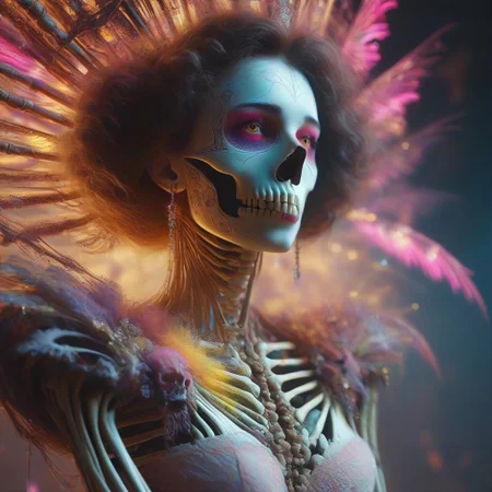 Intricately detailed skeleton voodoo woman,  Vibrant earthen color scheme, masterpiece, best quality, ultra detailed, hires, 8k uhd, cinematic lighting