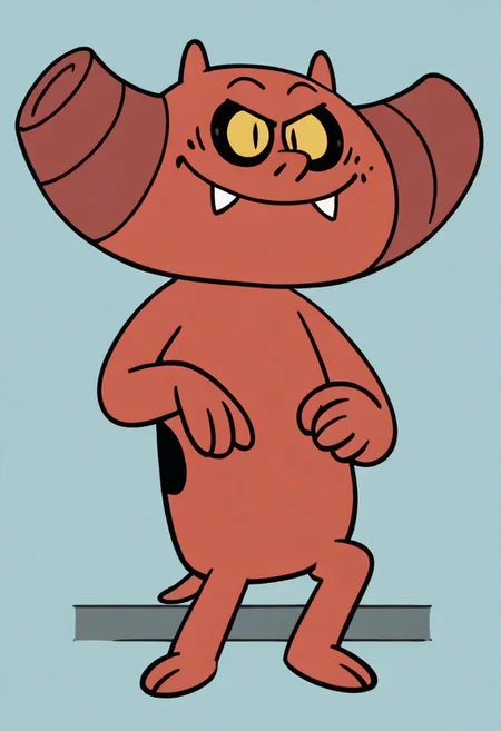 (score_9 | score_8_up | score_7_up) ((masterpiece:1))(best quality,very high quality,ultra detailed:1.2) (2D,cartoon style,anime style)(Smooth:2)(clean blurring) (four fingers on each hand,one thumb on each hand:1), charles, dog, all fours, black spot on left eye, impish, demon, red skin, small pointed nose, pointed tail, yellow eyes, slit pupils, two small horns, two large curved horns on sides of her head, pair of deformed fangs, smug, full body