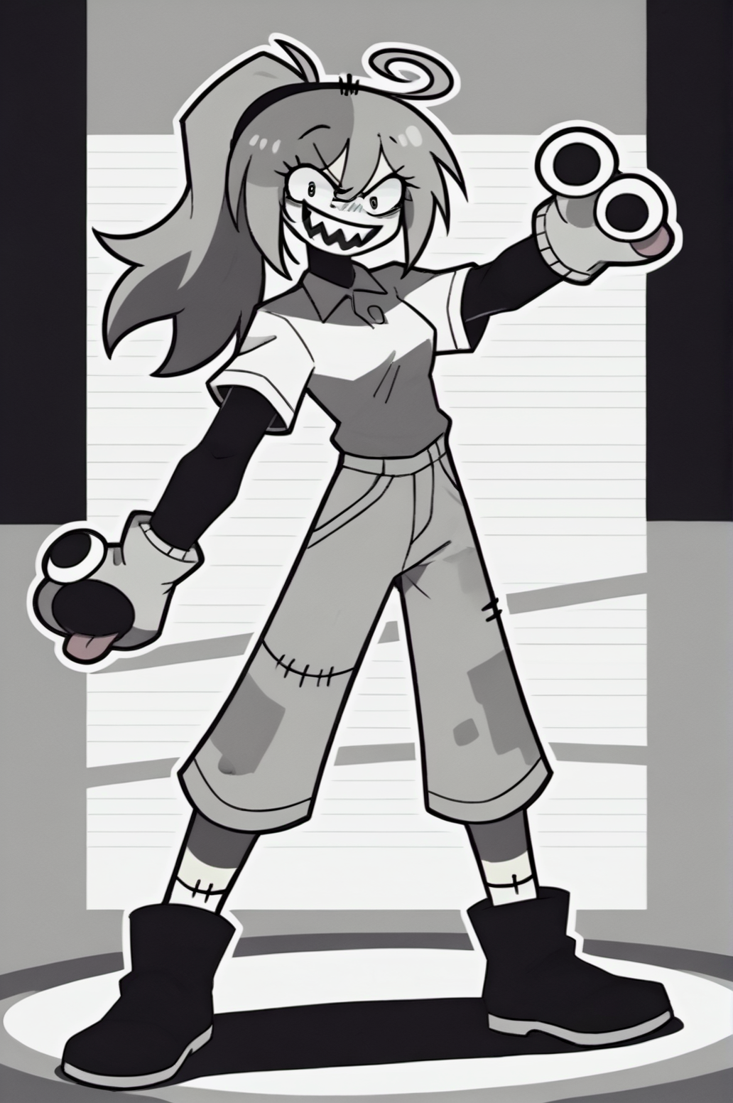 score_9, score_8_up, score_7_up, monochrome, manga_source, best background, detailed background, manga, greyscale  Lana, ahoge, looking at viewer, sharp teeth, tsundere, solo, stitches, teeth, full body, dancing,   <lora:JN_Lana:0.8>