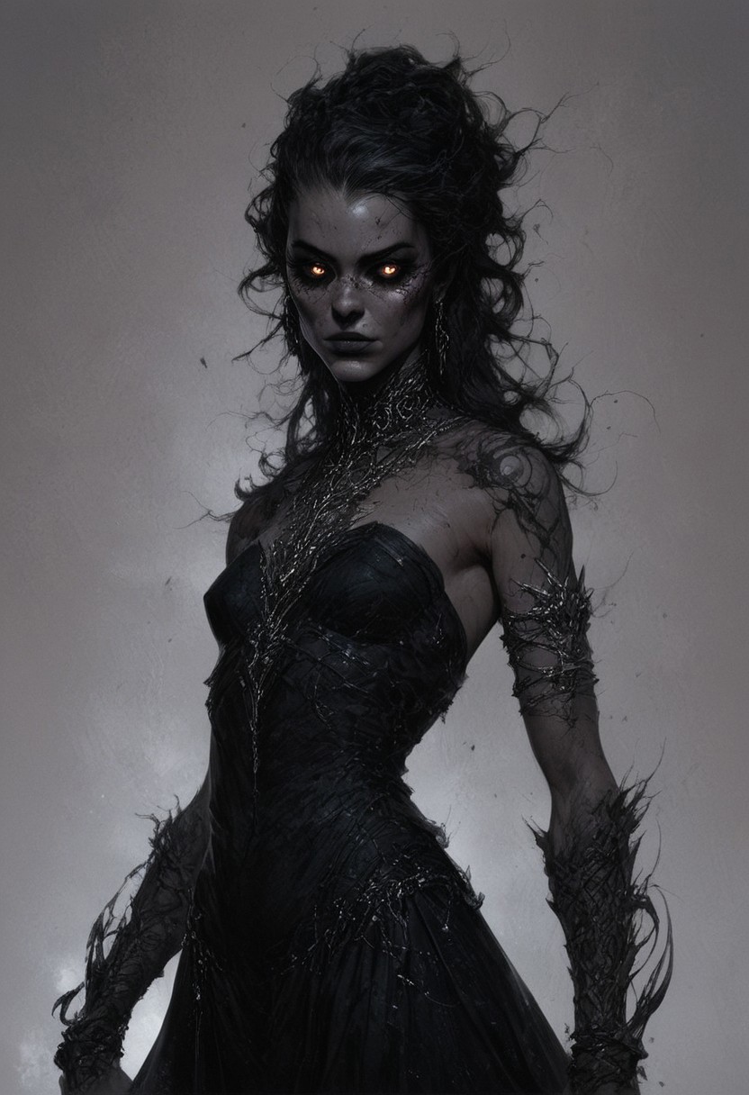 score_9, score_8_up, score_7_up, score_6_up, beautiful female, concept art, realistic,
Illustration of a cute goth girl, long black neckholder dress with deep neckline, small breasts, (freckles:0.0) strong face, fantasy, detailed eyes, dark eyes, 
cowboy shot,