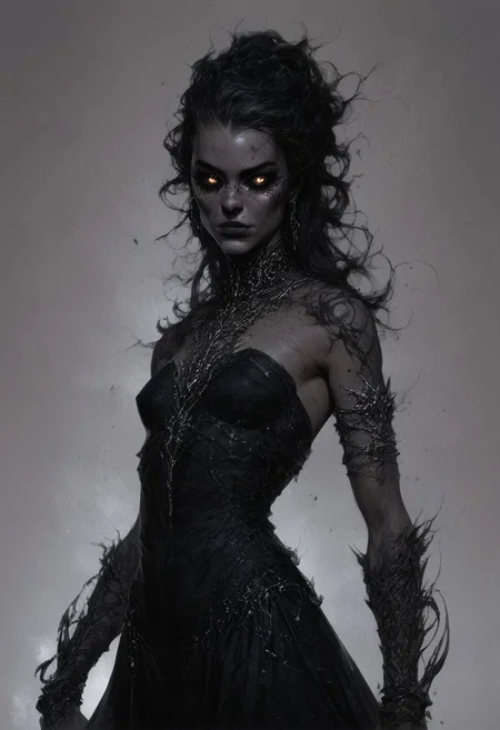 score_9, score_8_up, score_7_up, score_6_up, beautiful female, concept art, realistic,
Illustration of a cute goth girl, long black neckholder dress with deep neckline, small breasts, (freckles:0.0) strong face, fantasy, detailed eyes, dark eyes, 
cowboy shot,
