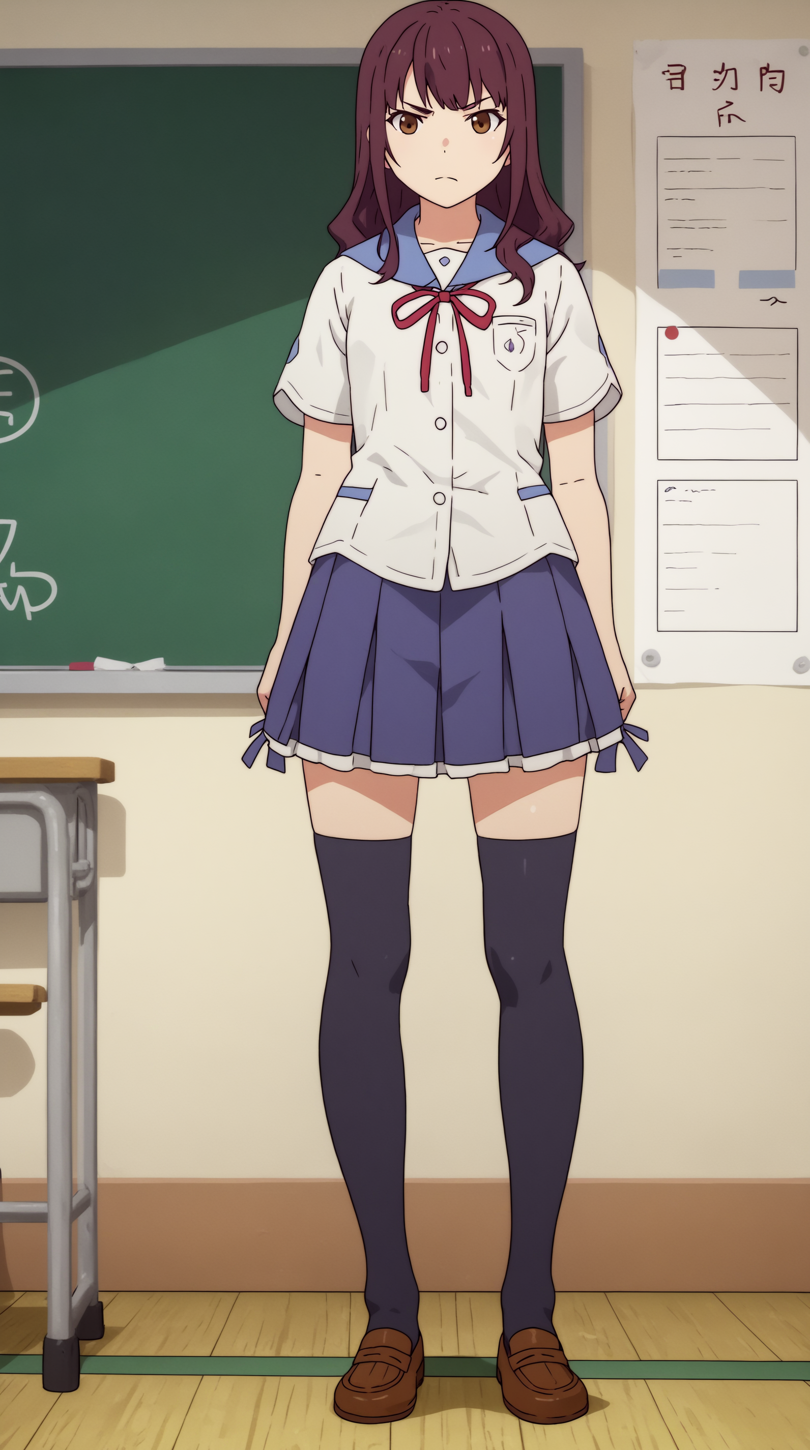 score_9, score_8_up, score_7_up, best background, detailed background, 4k, upscale, anime_source  Nazuna Oikawa, School Uniform, solo, looking at viewer, indoors, closed mouth, standing, full body, solo focus, frown, loafers, arms at sides  <lora:JN_Nazuna_Oikawa_Pony:0.8>